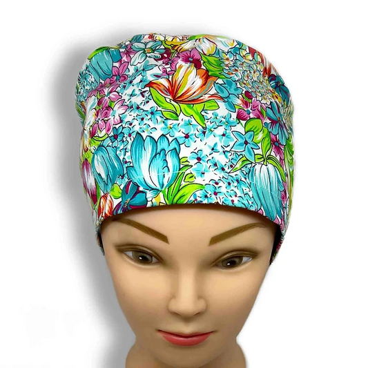 Bright Blue Floral Scrub Cap