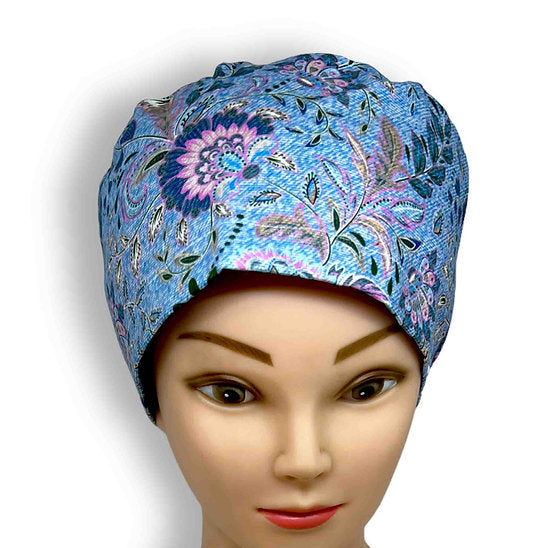 Denim Floral Scrub Cap